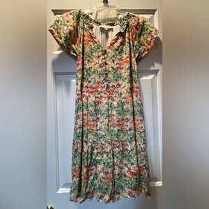 LOFT Floral Dress with Green and Pink Accents